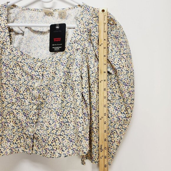 Levi's Floral Cropped Top Women's Size S Beige Square Neck Puff Sleeves - Picture 10 of 11